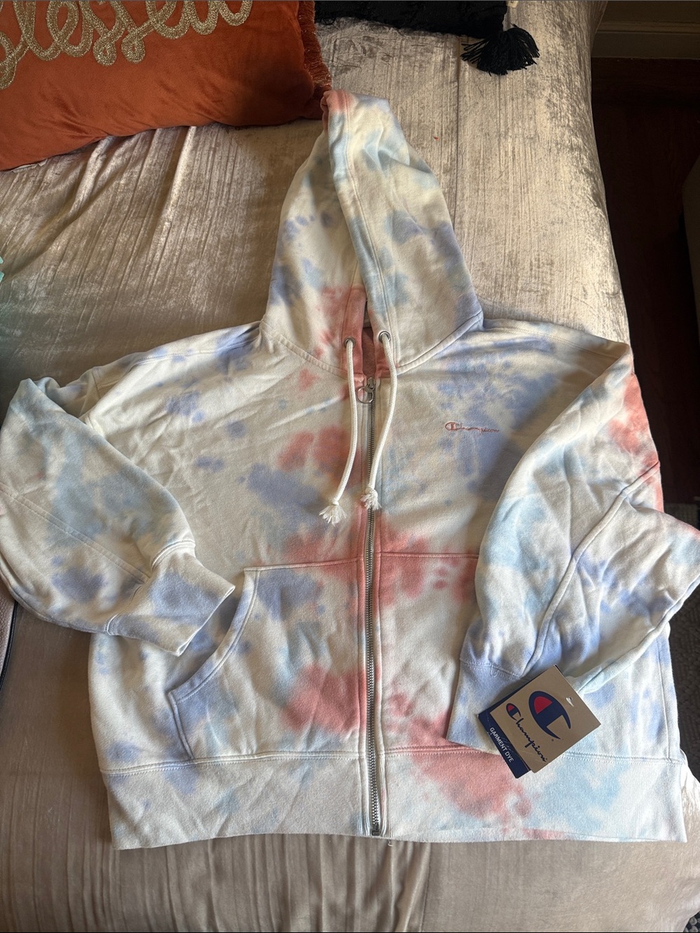 Champion Tie-Dye Zip Hoodie in White, Blue & Red
